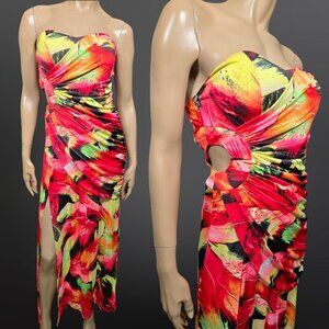 Y2K QED London Maxi Dress Size S McBling Strapless Draped Cutout Colorful